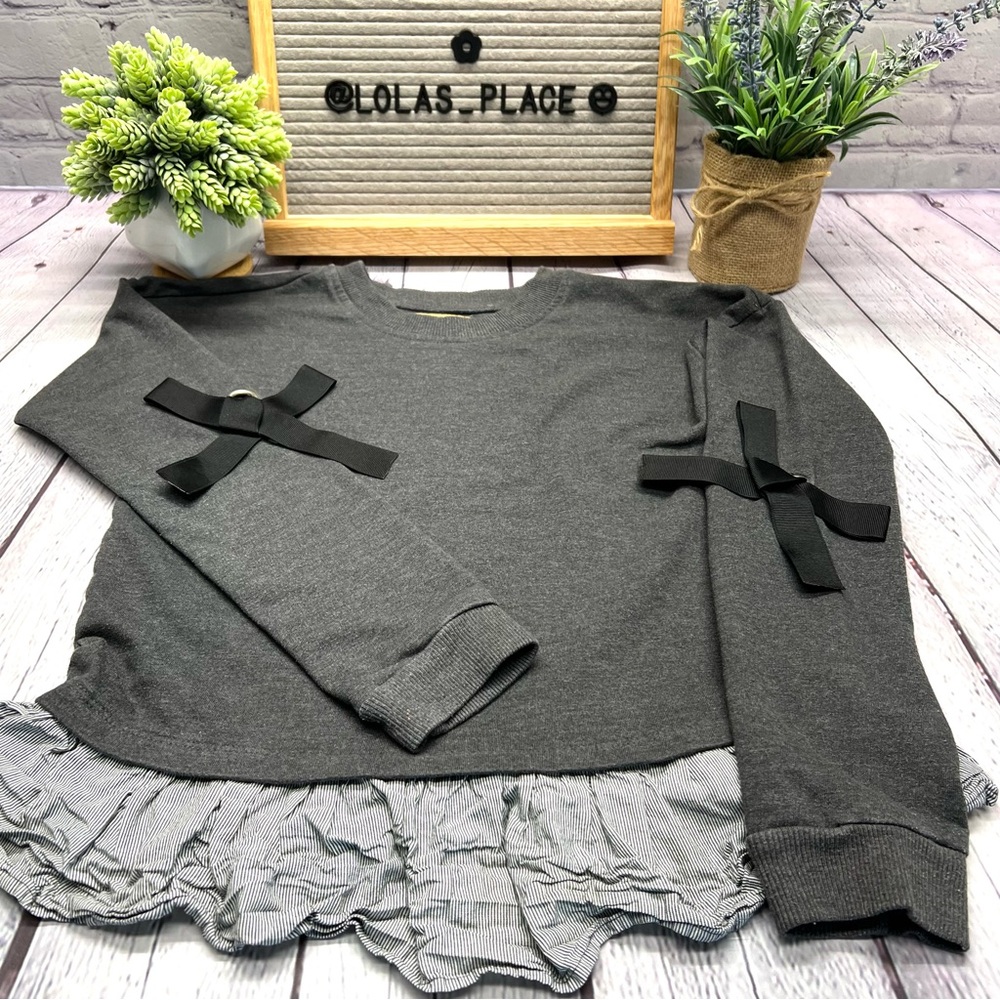 ROEBUCK & CO Gray Sweatshirt with Black Bow accents & Ruffle Stripe Hem-…